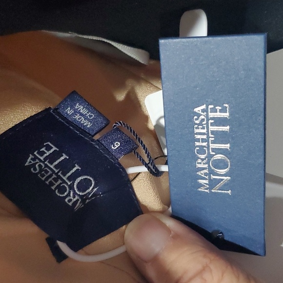 NWT Marchesa Notte off white striped mesh over lace high low hem dress - Picture 7 of 10